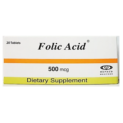 Folic Acid 500 mcg Dietary Supplement MEPACO ( Vitamin B 9 ) 20 tablets